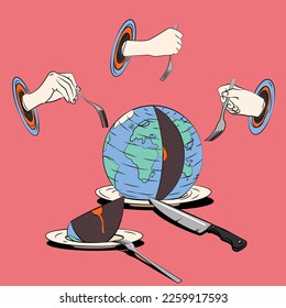 Planet, Earth, plates, cut, slice, hands with forks, knife, metaphor for climate change, waste of resources, capitalism, doomsday, flat line art comic style