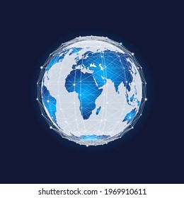 Planet Earth with plexus sphere, futuristic design vector illustration. Abstract geometric design with plexus effect on dark background.