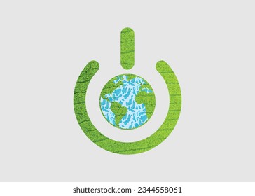 Planet Earth in power button with world map. Earth hour concept. Earth day concept. Vector illustration eco friendly design. Save the Earth concept.