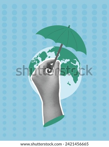 Planet Earth protect with umbrella in collage hands in retro style. Global and worldwide environmental day. Climate issues sticker. Vector illustration.