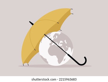Planet Earth protected with a yellow umbrella, climate change concept