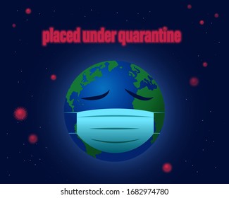 Planet earth in a protective medical mask with closed eyes. The earth is sad. The earth was quarantined. molecules of the virus, bacteria, corona virus fly around the earth. Pandemic concept. Vector.