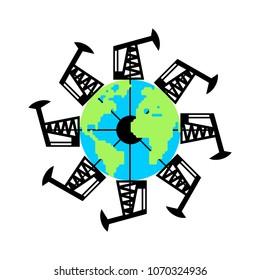 Planet Earth and Pump jack and Oil production. Petrol station. World Petroleum reserves.   
