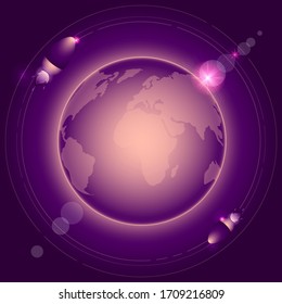 The planet Earth is purple with a pink glow and a halo, two rockets fly around the earth in orbit, many bright highlights