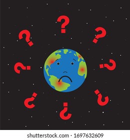 Planet earth with question marks around the planet. Coronavirus pandemic concept. Stock vector illustration, isolated on black background. 