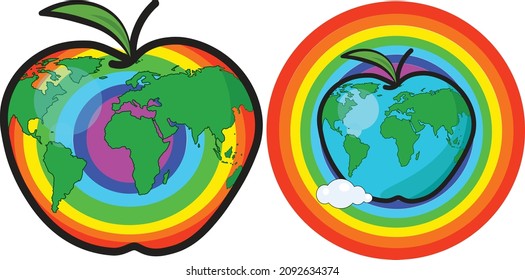 Planet Earth. A rainbow on the ground. An apple-shaped planet. The blue planet. World peace. The LGBT community. LGBT flag. Vector graphics. A postcard on an environmental theme. A rainbow friend.