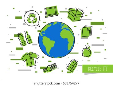 Planet earth with recyclable things vector illustration with colorful elements. Ecological concept with recycle sign.
