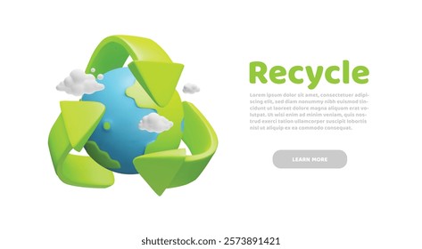 Planet earth in recycle sign 3D cartoon plastic style landing page design. Realistic looping green tree arrows recycling eco-friendly symbol with clouds. Vector Ecology and environmental concept