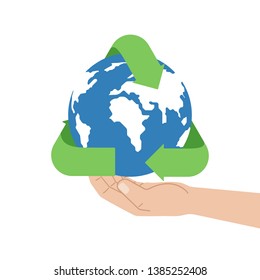 Planet Earth, recycling sign in human hand in flat style. Environmental Protection. Vector illustration.