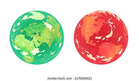 Planet Earth is red and green. Ecology, warming, climate change.