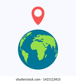Planet earth with red map pin on white backgroud