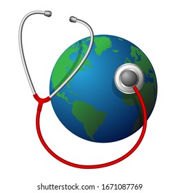 Planet Earth and a red medical phonendoscope. Taking care of our place of residence. Problems of ecology and climate