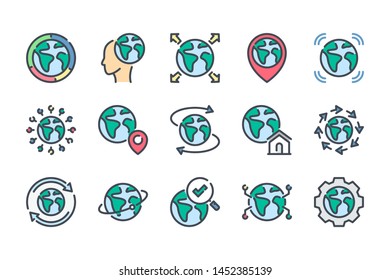 Planet Earth related color line icon set. Globe colorful linear icons. Earth flat color outline vector sign collection.