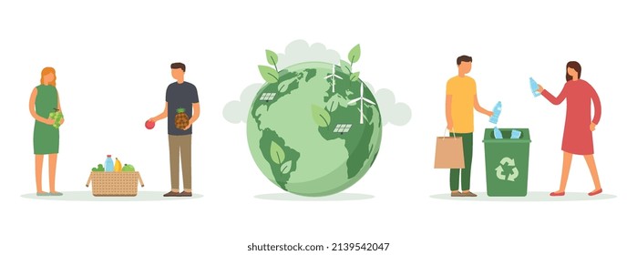 Planet earth with renewable energy, recycling plastic garbage in trash can, people and vegan food. Concept conservation and environmental protection. 
