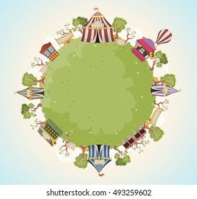 Planet earth with retro cartoon circus. Green world with vintage carnival background.