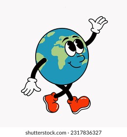 el planeta tierra es un personaje retro. Ilustración vectorial al estilo de los años 70