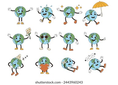 Planet Earth in retro style. Cute globe characters set isolated on white background. Retro funny mascots collections. Vector modern flat illustration.