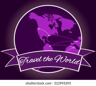 Planet Earth with ribbon banner around it. Travel the world illustration. Earth icon with ribbon banner around. Logo vector.