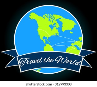 Planet Earth with ribbon banner around it. Travel the world illustration. Earth icon with ribbon banner around. Logo vector.