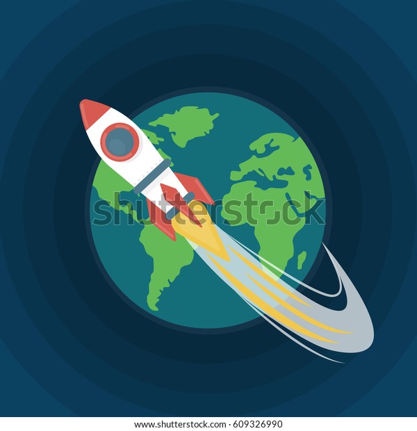 Planet Earth\
and rocket. Flat Vector\
illustration