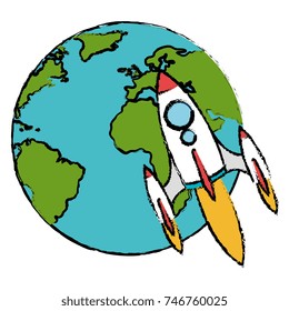 planet earth with rocket flying