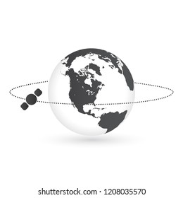 Planet Earth And Round Satellite Orbit Vector Illustration. Space Satellite Flying Around The Earth Graphic Design.