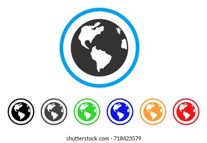 Planet Earth rounded icon. Style is a flat Planet earth grey symbol inside light blue circle with black, gray, green, blue, red, orange variants. Vector designed for web and software interfaces.