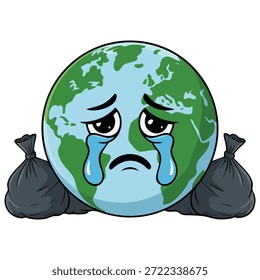 Planeta Tierra triste debido a la contaminación de la basura Ilustración vectorial aislada sobre fondo blanco
