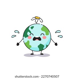Planet earth is sad and crying. Planet earth character with flower vector illustration isolated on white background.
