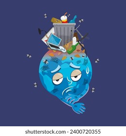  El planeta tierra triste sufre de cansancio con la basura humana contaminada. Salvemos el planeta con el concepto de desperdicio humano. ilustración vectorial cartoon. 