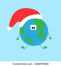 Planet Earth in a santa hat celebrates christmas. Vector illustration. Christmas holiday.