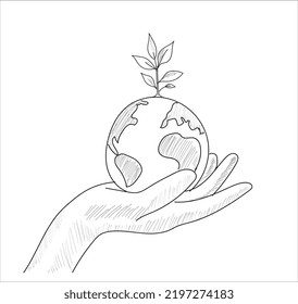 Planet Earth And Sapling In Human Hand. Sketch Line Vector Illustration