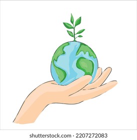 Planet Earth And Sapling In Human Hand. Sketch Line Vector Illustration	