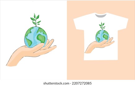 Planet Earth And Sapling In Human Hand. Sketch Line Vector Illustration	