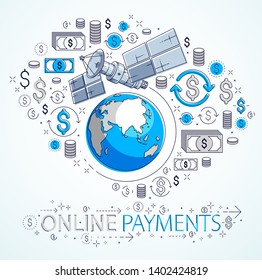 Planet earth and satellite flying orbital flight with icon set, internet activity, online payments, electronic business concept, marketplace or shop, vector design.