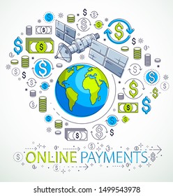 Planet earth and satellite flying orbital flight with icon set, internet activity, online payments, electronic business concept, marketplace or shop, vector design.