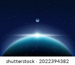 Planet earth and satellite moon in the rays of the rising sun. Space background. Vector illustration.