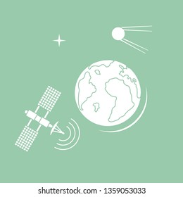 Planet Earth, satellite, orbital station vector illustration. Earth Day. Space exploration. Astronomy. Science. Design for astronomy apps, websites, print.