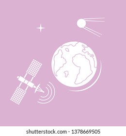 Planet Earth, satellite, orbital station vector illustration. Earth Day. Space exploration. Astronomy. Science. Design for astronomy apps, websites, print.