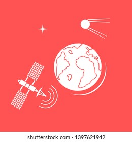 Planet Earth, satellite, orbital station vector illustration. Earth Day. Space exploration. Astronomy. Science. Design for astronomy apps, websites, print.