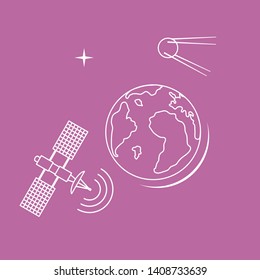 Planet Earth, satellite, orbital station vector illustration. Earth Day. Space exploration. Astronomy. Science. Design for astronomy apps, websites, print.