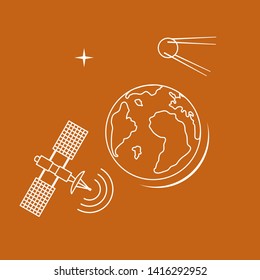 Planet Earth, satellite, orbital station vector illustration. Earth Day. Space exploration. Astronomy. Science. Design for astronomy apps, websites, print.