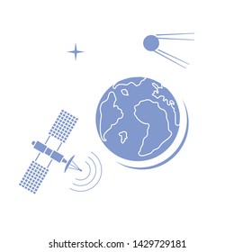 Planet Earth, satellite, orbital station vector illustration. Earth Day. Space exploration. Astronomy. Science. Design for astronomy apps, websites, print.