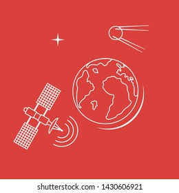 Planet Earth, satellite, orbital station vector illustration. Earth Day. Space exploration. Astronomy. Science. Design for astronomy apps, websites, print.