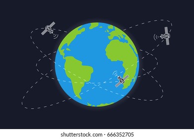 Planet earth and satellite orbits vector illustration. Space satellites flying around the earth graphic design.
