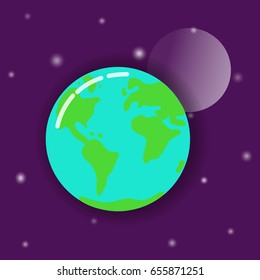 Planet Earth with satellite in space. Flat design. Vector illustration with planet, satellite and stars.