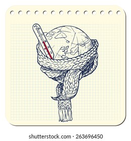 Planet Earth with scarf and thermometer represents global warming as one of the most acute environmental problems. EPS8 vector illustration in a sketchy style imitating scribbling in the notebook.