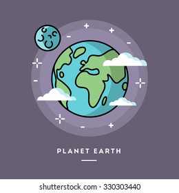 Planet Earth seen from space, line flat design banner, vector illustration 