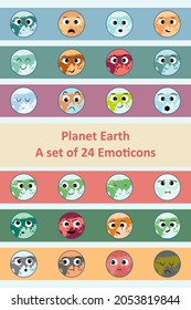 Planet Earth. A Set Of 24 Smilies. Original Design Emoji. Life And Ecology. Vector Stickers. Expression Of Emotions. Social Media Icons. Editable Isolated Elements. Stylish Badges.