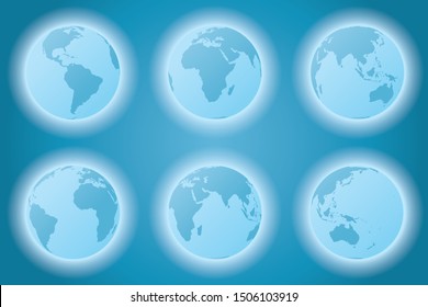 Planet Earth set of Different Continents View, World Globe Map, America, Europe, Africa, Asia, Oceania
